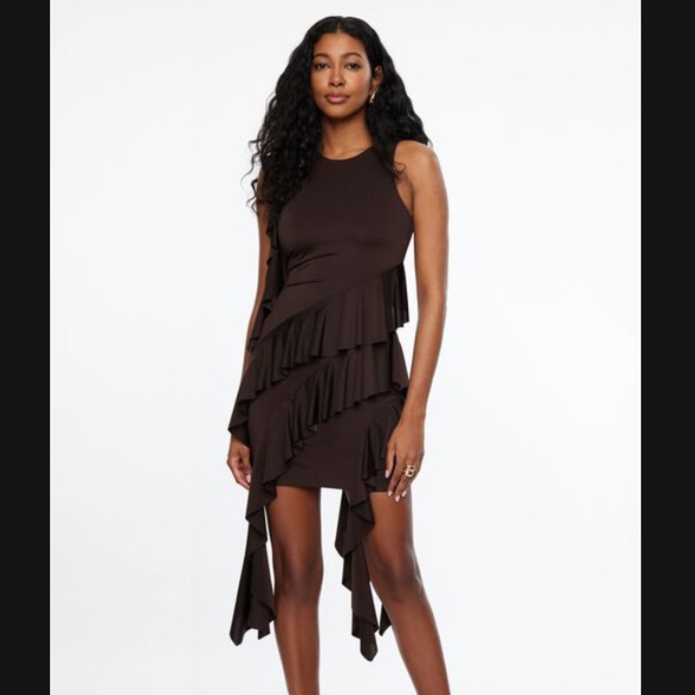 NWT Dynamite Brown Asymmetrical Ruffle Dress